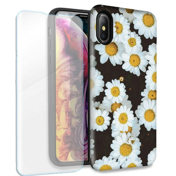 Mundaze Cute Daisy Flower Double Layer Case w/Glass Screen Protector For Apple iPhone XS Max