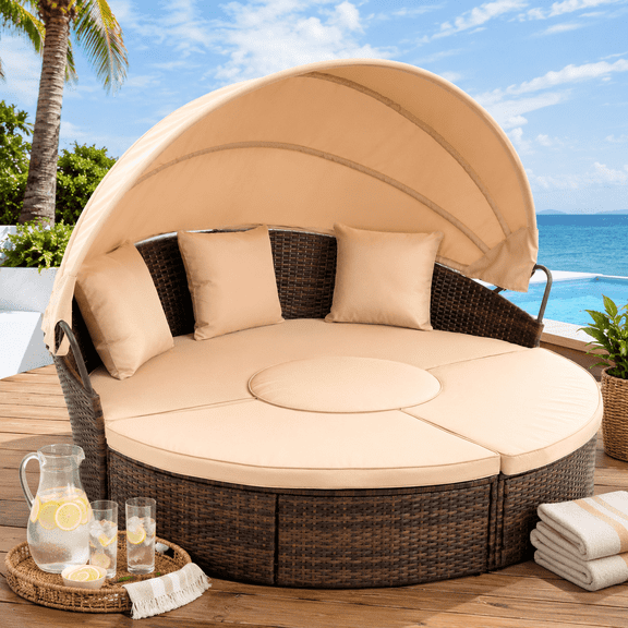 4-piece Outdoor Patio Daybed with Retractable Canopy, Rattan Wicker Sectional Conversation Soft Set, Pool Furniture Set with Lifting Ottoman Table, Cushions and Pillows, Khaki