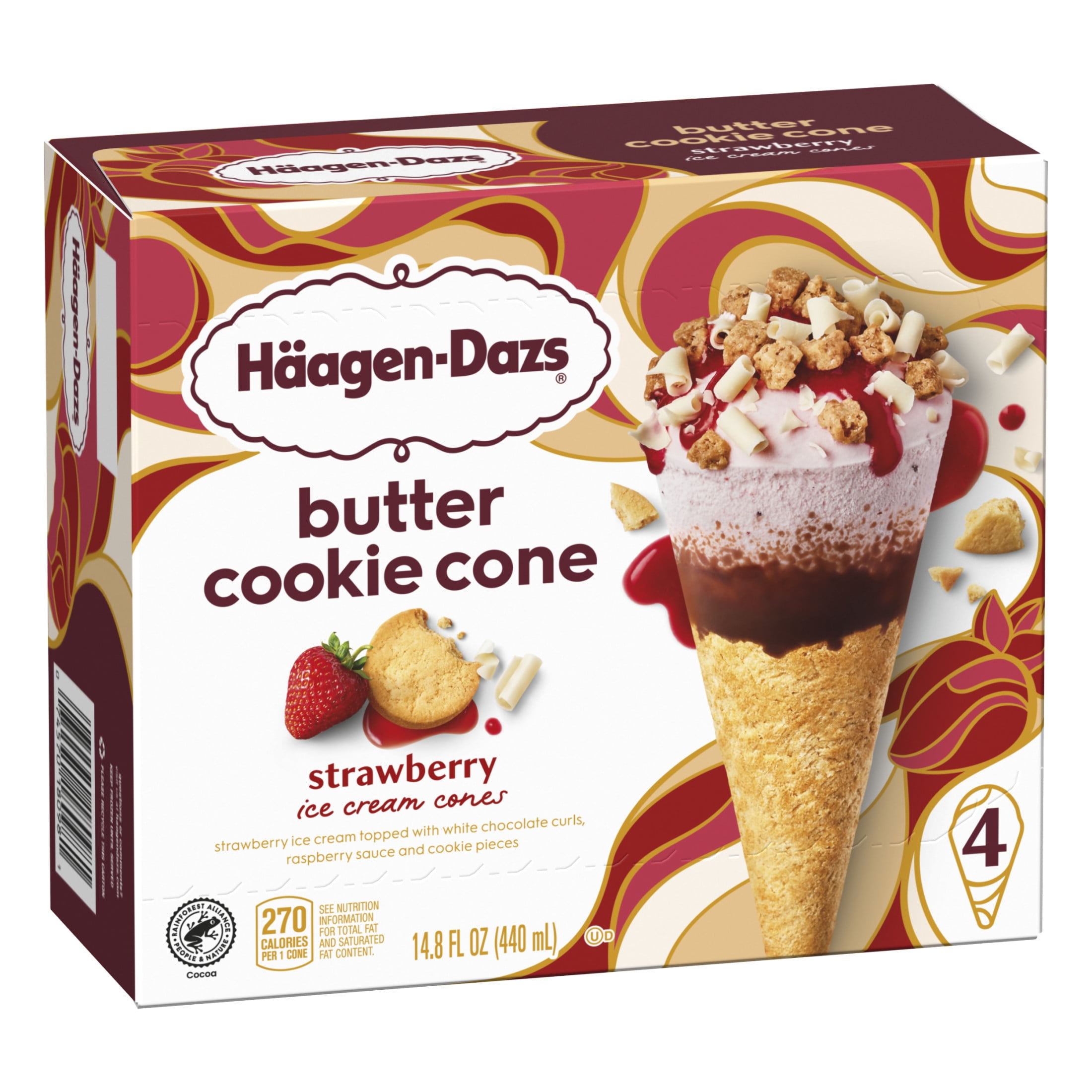 Haagen Dazs Strawberry Butter Cookie Ice Cream Cone Dessert, 4 Count Package