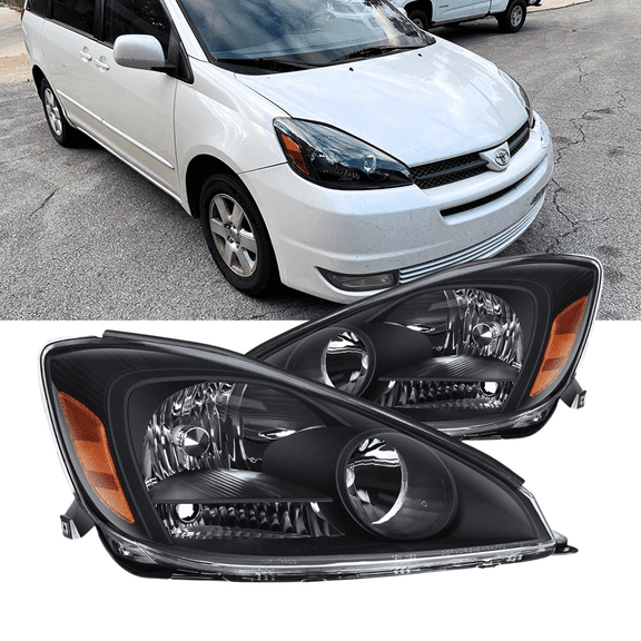 2Pcs Headlights Assembly Compatible with 2004 2005 Toyota Sienna Black Housing Amber Reflecto with Clear Lens Black Housing Amber Reflector Front Lamps Driver and Passenger Side