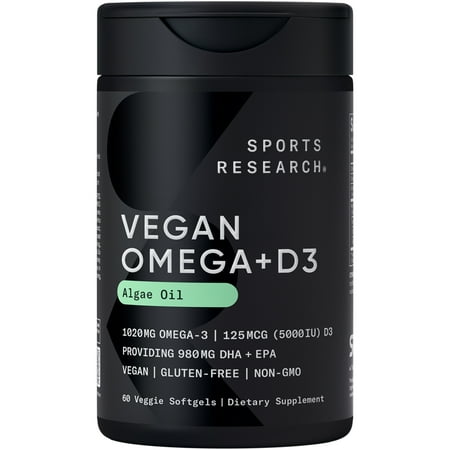 Sports Research® Vegan Omega-3 w/ Vitamin D3 Fish Oil Alternative D Algae Oil (60 Veggie Softgels)