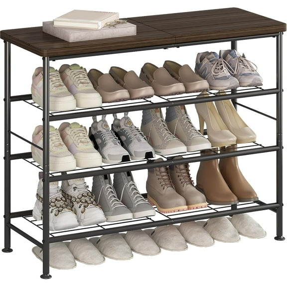 Shoe Rack Organizer 4 Tier for Closet Entryway Free Standing Metal Storage Shoe Shelf with MDF Top Board，Black