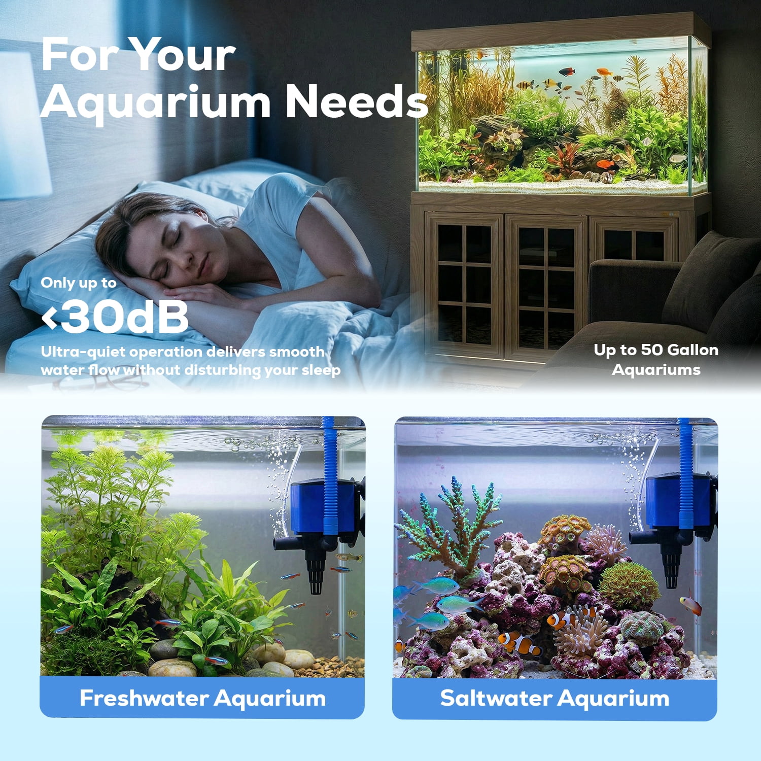 Aquarium Internal Filter Pump 660 GPH, 3-in-1 Water Pump with Oxygenation, Quiet Submersible Filter for Fish Tanks