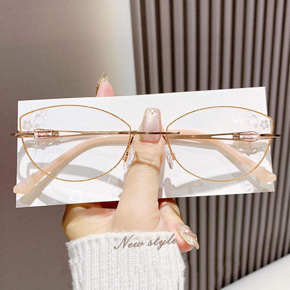 2 Pairs of Women Rimless Anti-blue Light Reading Glasses 3.50, Ladies Ultralight Gold Bling Glitter Cat Eye Readers +3.50 Strength