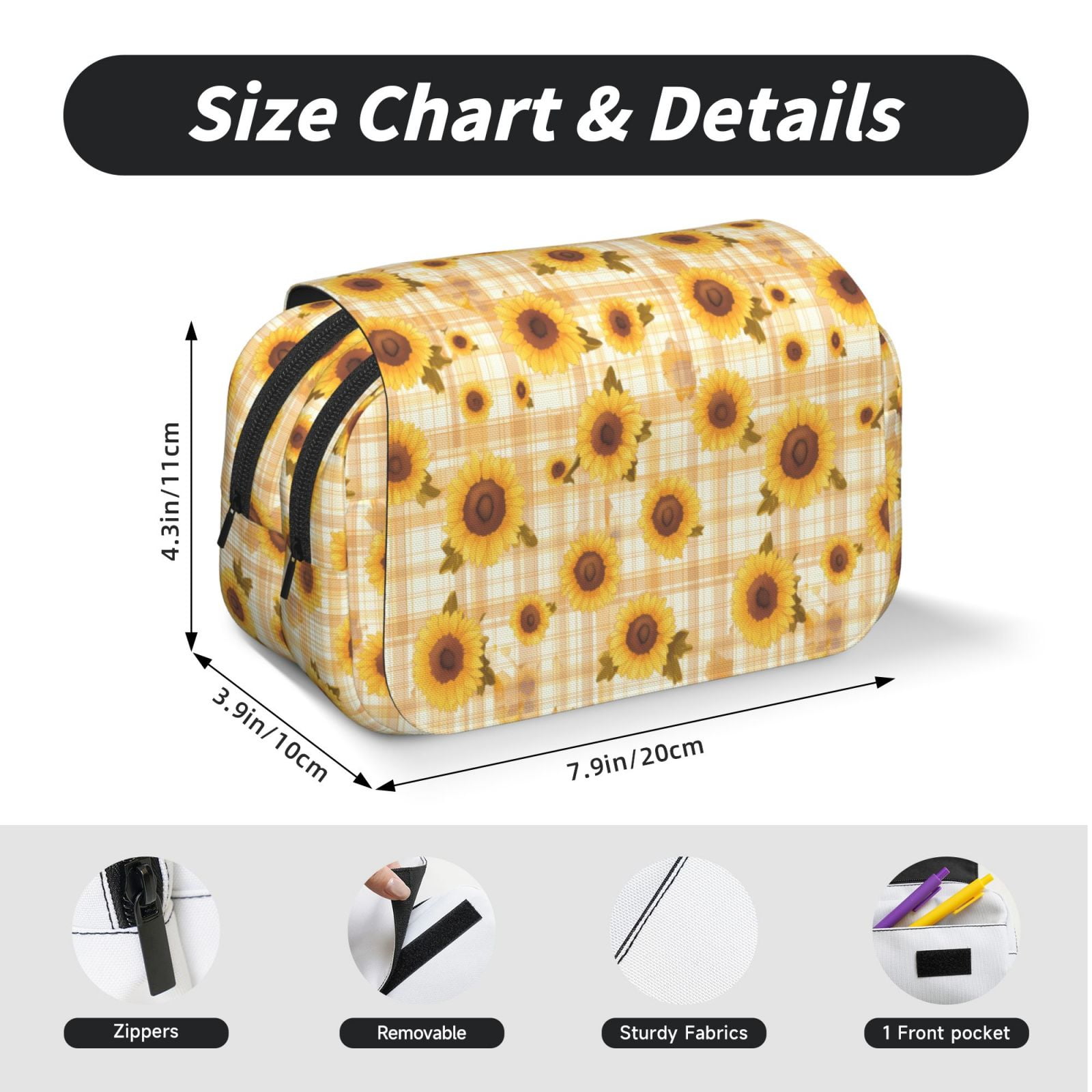 Rateoe Coffee Plaid Sunflower Pattern Double Clamshell Pen Case, Storage Organizer with Two Zipper Compartments– Holds Up to 50 Pencils & Pens