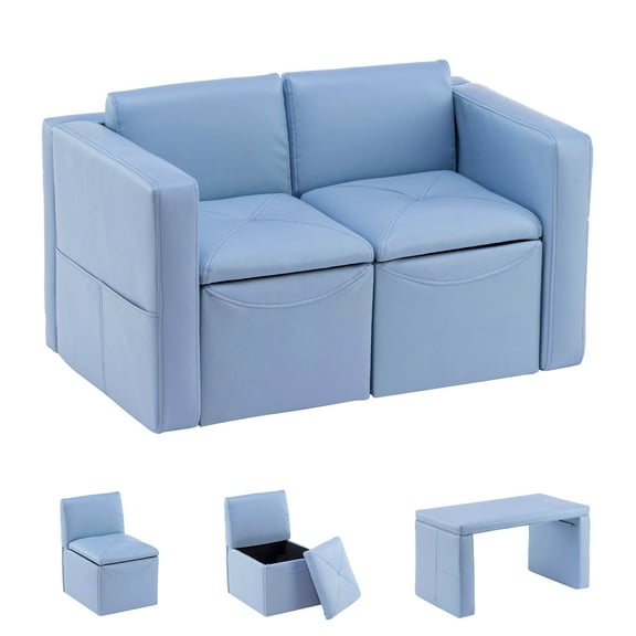 UNICOO® –Kids Sofa, 2-in-1 Double Set Sofa Convert to Table & 2 Chairs, Children Boys Girls Couch Armrest Chair with Storage Box (Light Blue)