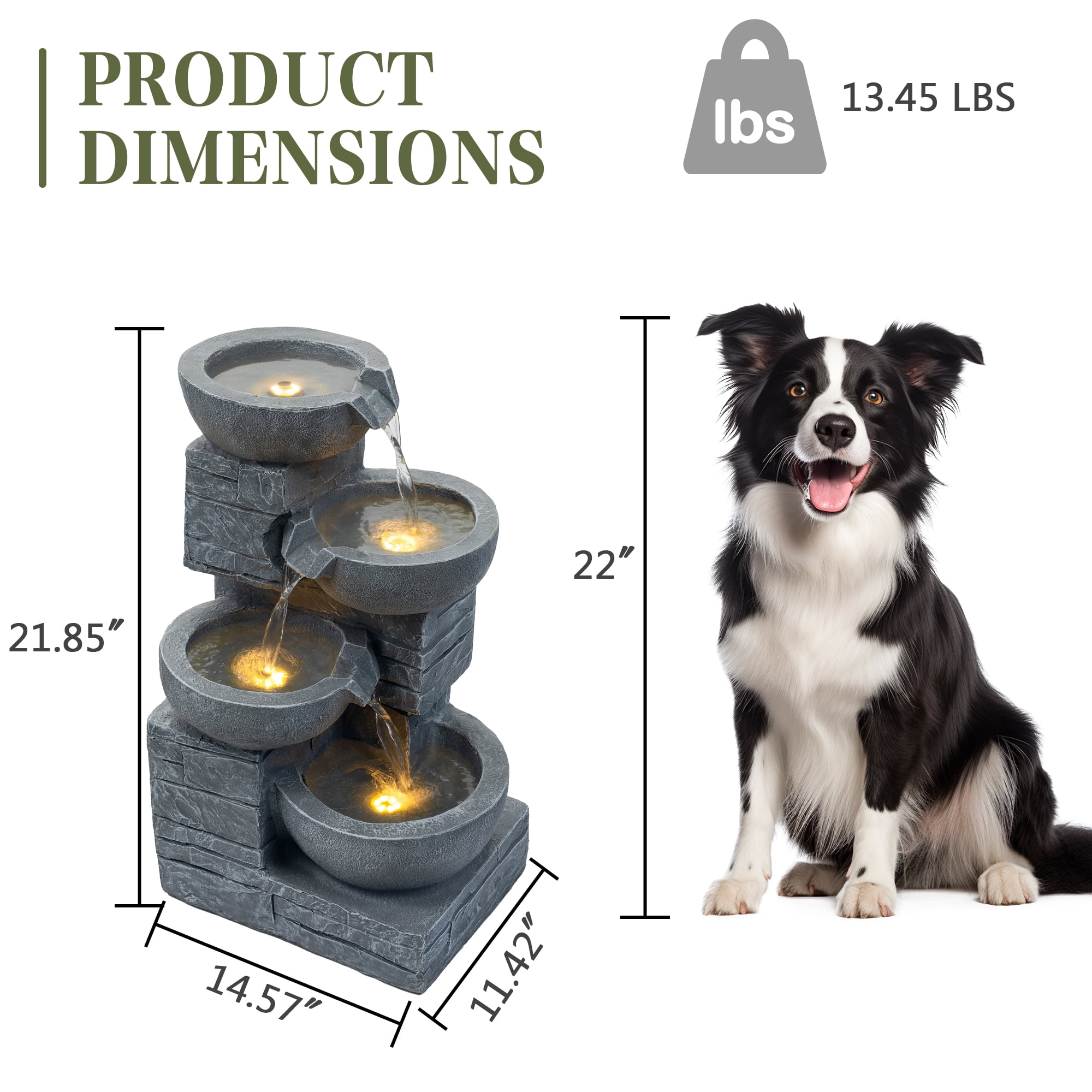 Outdoor Water Fountain with LED Light, 4-Tiers 21.85" Waterfall Fountain, Indoor/Outdoor Floor Standing Water Feature for Garden, Patio