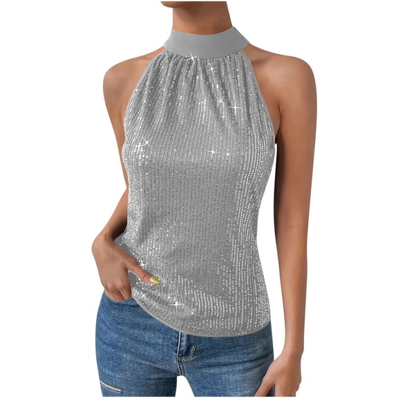 qucoqpe Women's Sequin Sleeveless Tank Tops Elegant Solid High Round Neck Evening Sparkly Shiny Party Blouse