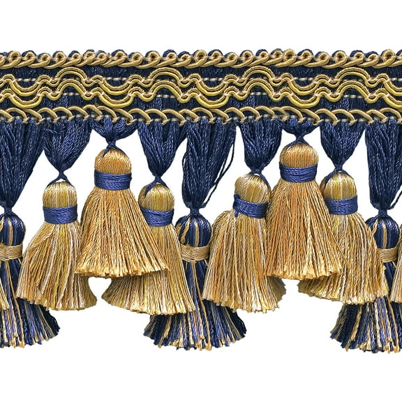 3 3/4" (9.5cm) Imperial Scroll Gimp with Soft Sheen Tiered Tassel Fringe Trim # TFI2,, Nautical Gold #1152 (Light Gold, Yellow Gold, Navy Blue) Sold By The Yard (36"/3 ft/0.9m)