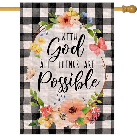 With God All Things are Possible Easter Religious Small Decorative Garden Flag, Spring Inspirational Faith Yard Buffalo Plaid Check Outside Decoration, Summer Outdoor Decor 12x18
