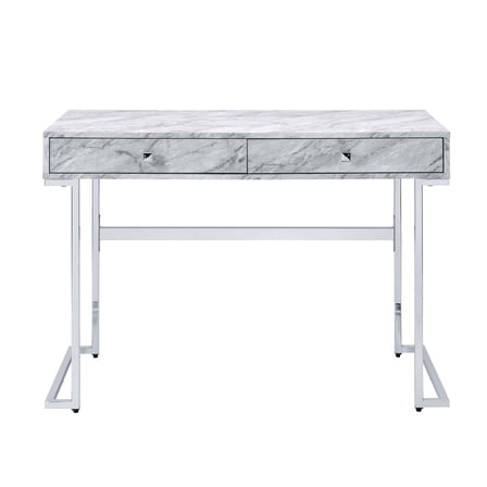 Newboti Furniture Rectangular Writing Desk with 2 Drawers, White Engineered Stone Top and Chrome 49003