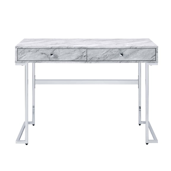 Newboti Furniture Rectangular Writing Desk with 2 Drawers, White Engineered Stone Top and Chrome 49003