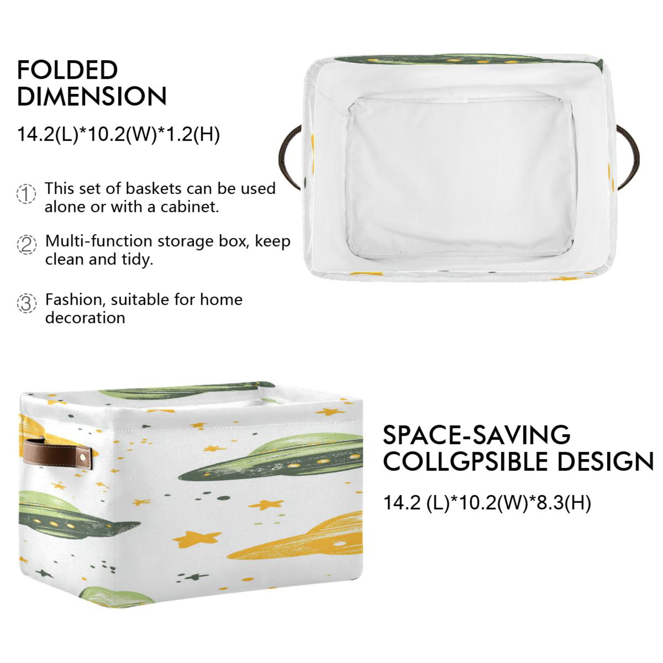 Green Yellow Ufos Crayon Painted Square Storage Bins with Handles Collapsible Containing Box 2 Packs