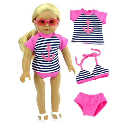 Anchor Rash Guard, Bikini Top, and Bikini Bottoms Bathing Suit for 18 Inch Doll | Fits 18