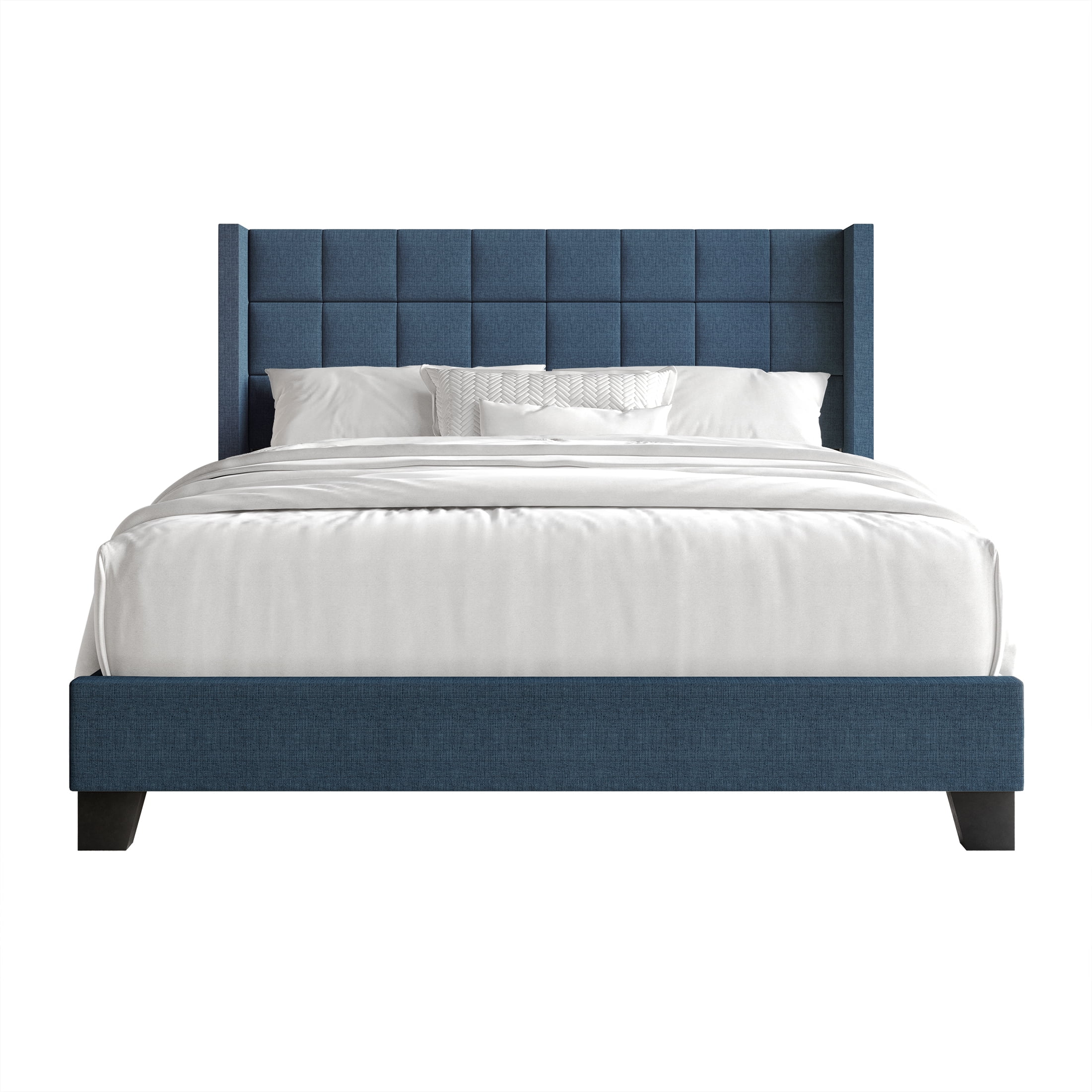 Castle Place Elegant Wingback Linen Upholstered Queen Bed, Blue