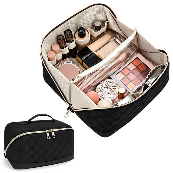 Quilted Makeup Bag for Women, Wide Open Travel Cosmetic Organizer with Handle, Waterproof Toiletry Bag Make Up Pouch with Compartments for Vacation Business Trip(Black)