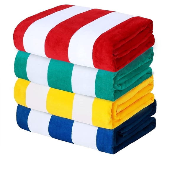 Exclusivo Mezcla 4-Pack Cotton Large Cabana Stripe Beach Towels, Super Absorbent Soft Plush Pool Towel, Bath Towel (Red/Turquoise/Yellow/Ocean Blue, 30"x60")