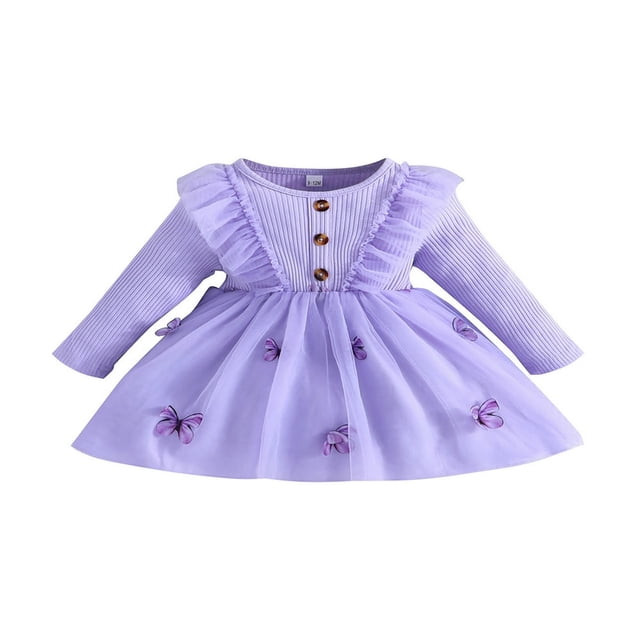 Robe Décontractée pour Fille à Manches Longues, Col Ras du Cou, Robe Patchwork à Papillons