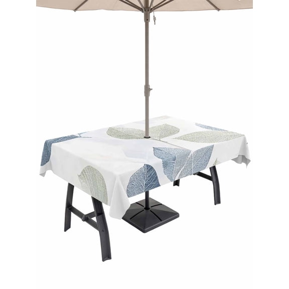 54x80 Inch Outdoor Tablecloth with Umbrella Hole Zipper Rectangle Sage Green Blue Leaves Rectangular Tablecloths Outside Waterproof Vintage Rustic Botanical Patio Table Cloth Cover for Picnic Party