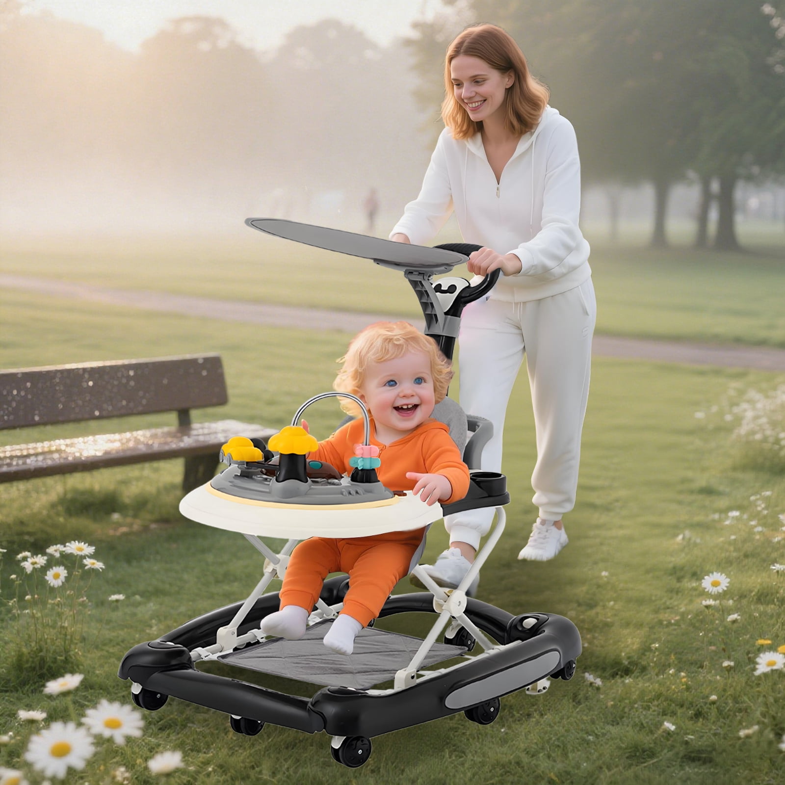 ManyFun 5-in-1 Baby Walker, Musical Activity Push Walker with Detachable Awning Footrest, Adjustable Height, Black