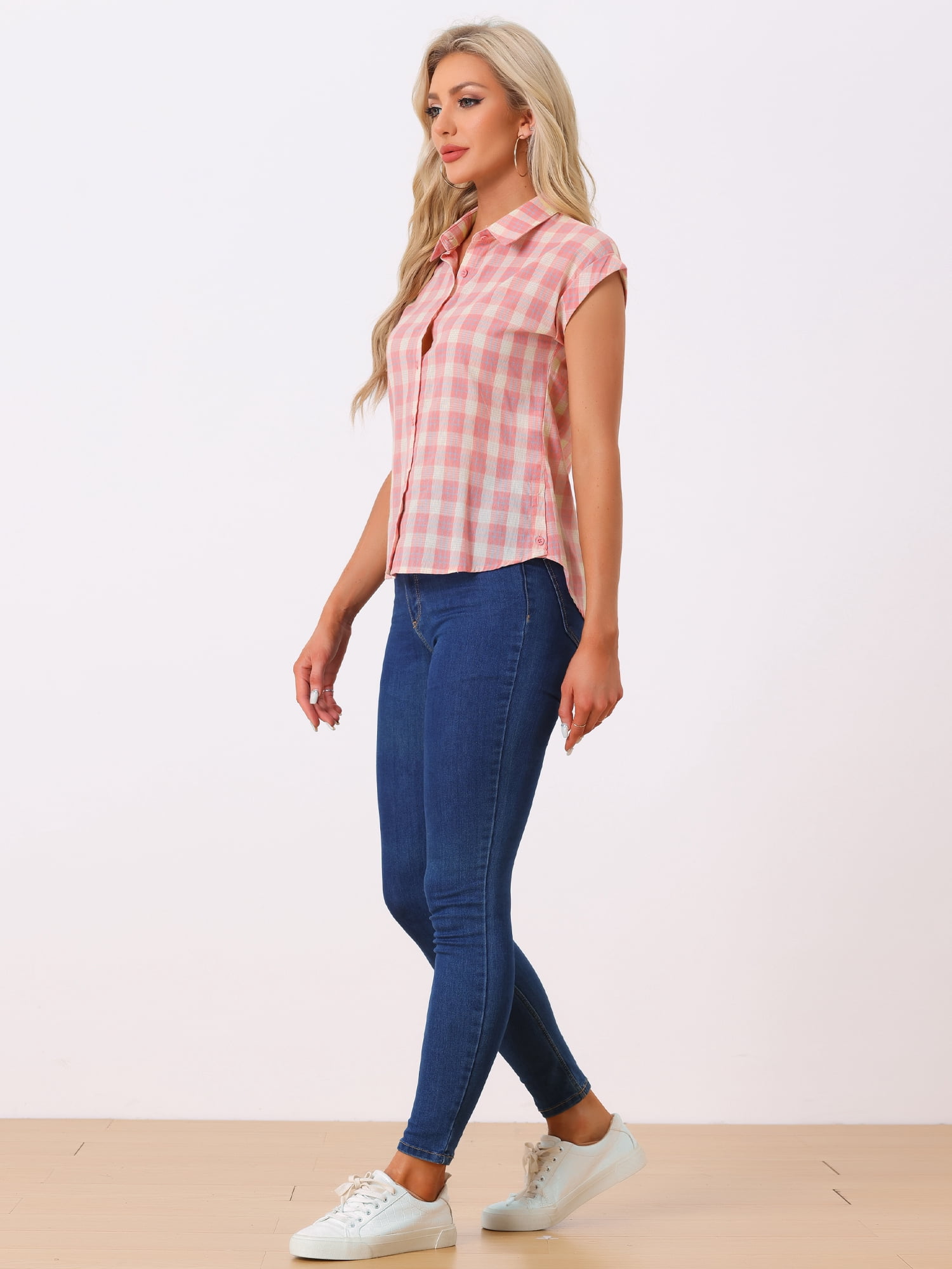 DARING DIVA Women's Summer Plaid Short Sleeves Button Down Shirts S Pink-Beige