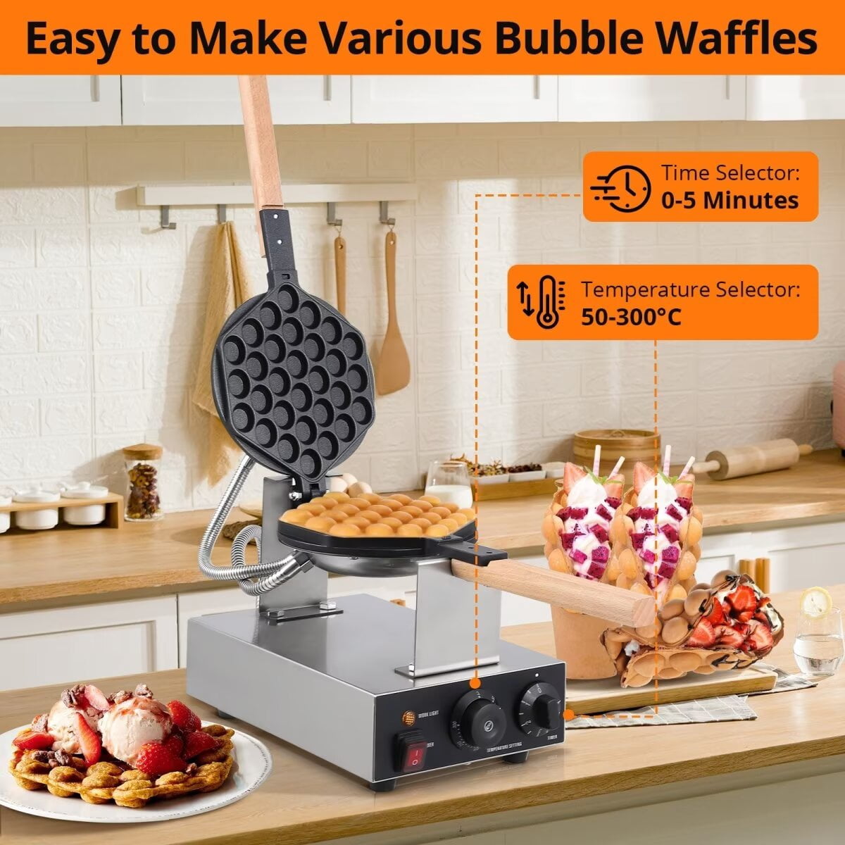Bubble Waffle Maker, 1400W Electric Non Stick Egg Waffler Maker, Double-sided Heating Bubble Waffle Maker Machine for Home & Commercial Use