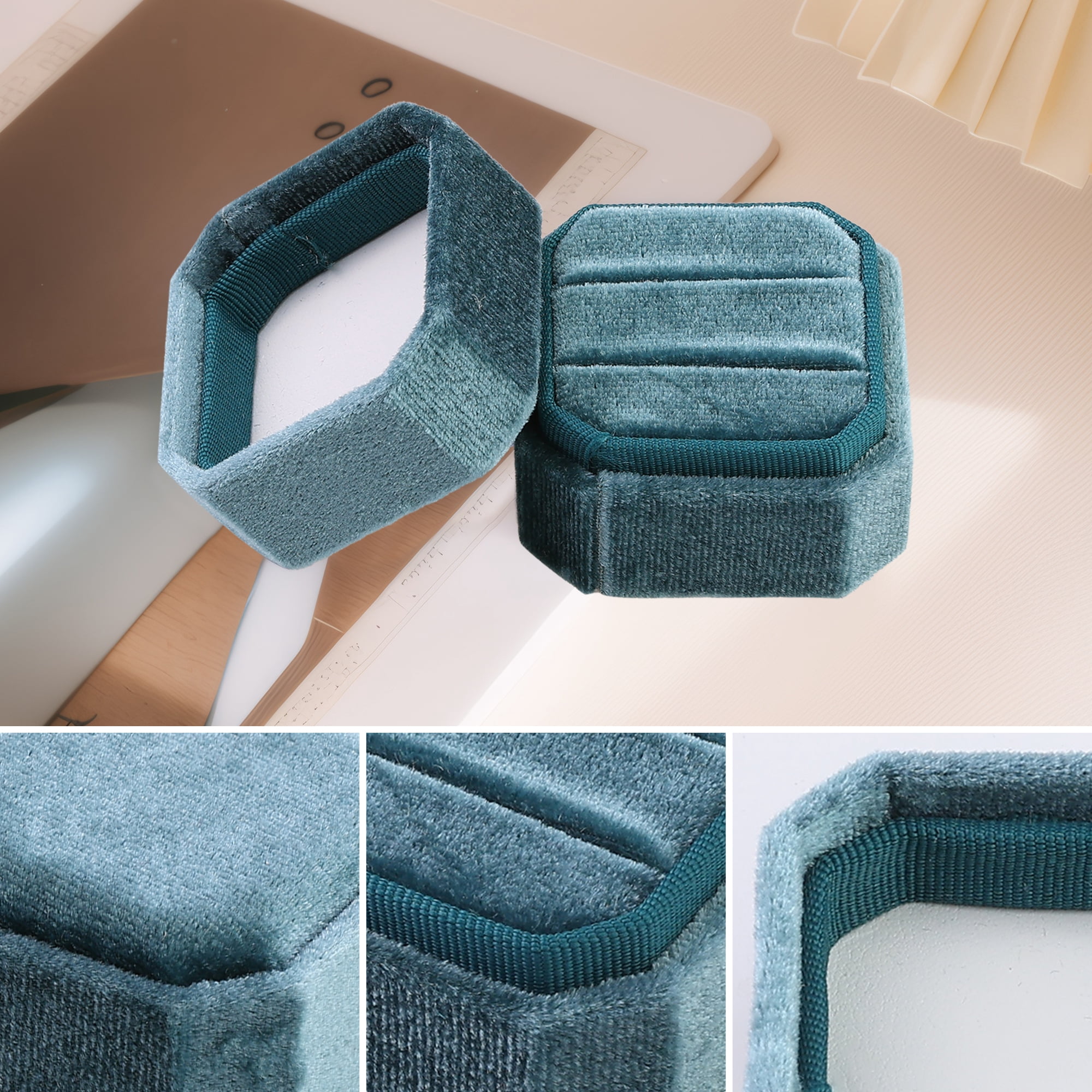 Velvet Ring Box for Proposal Engagement Wedding Ceremony Storage 2 Slots Peacock Green