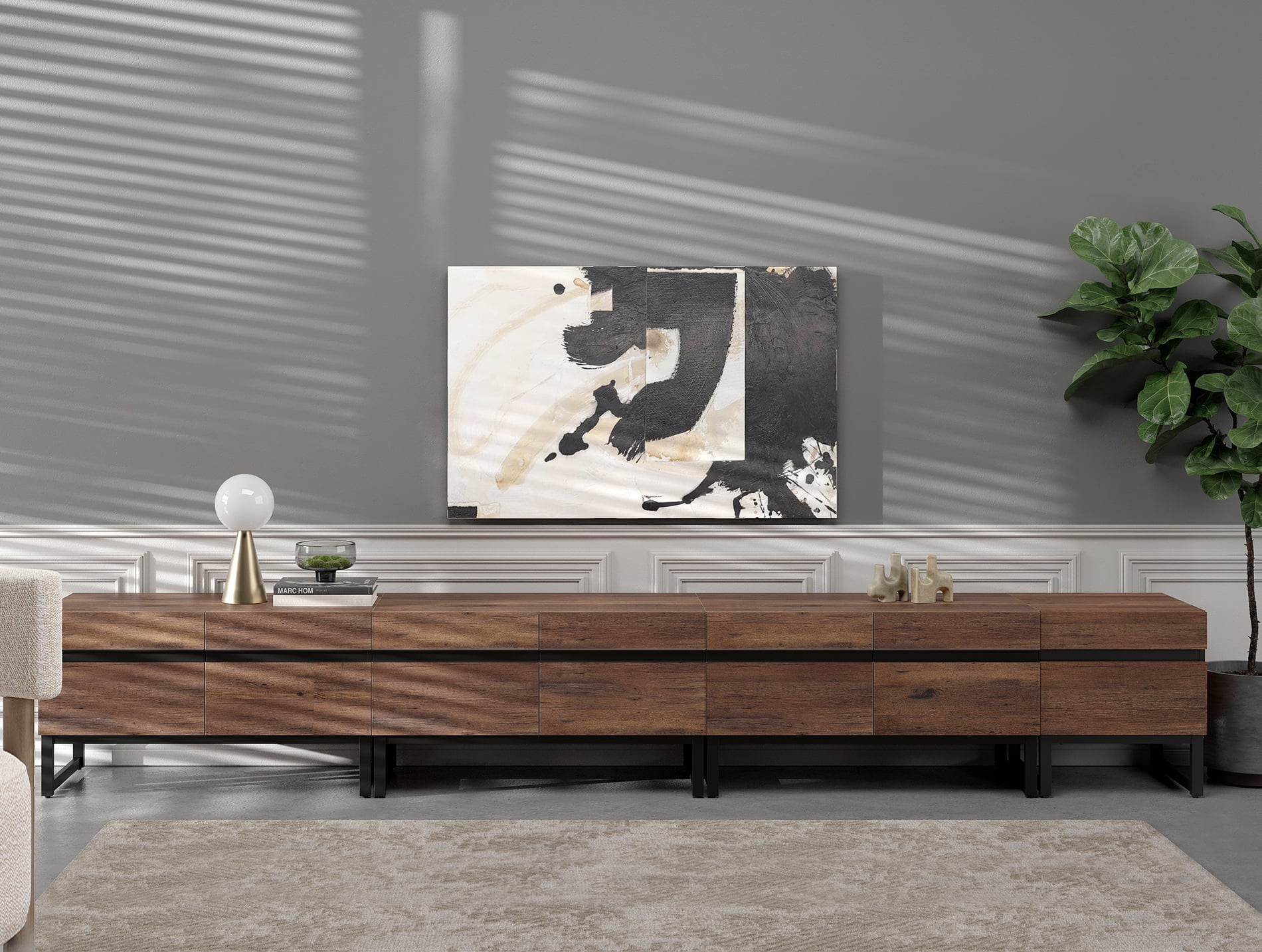 WAMPAT Modern TV Stand, 4-in-1 Entertainment Center with Storage Cabinets & Metal Base, 124" Brown, Fits TVs Up to 120"