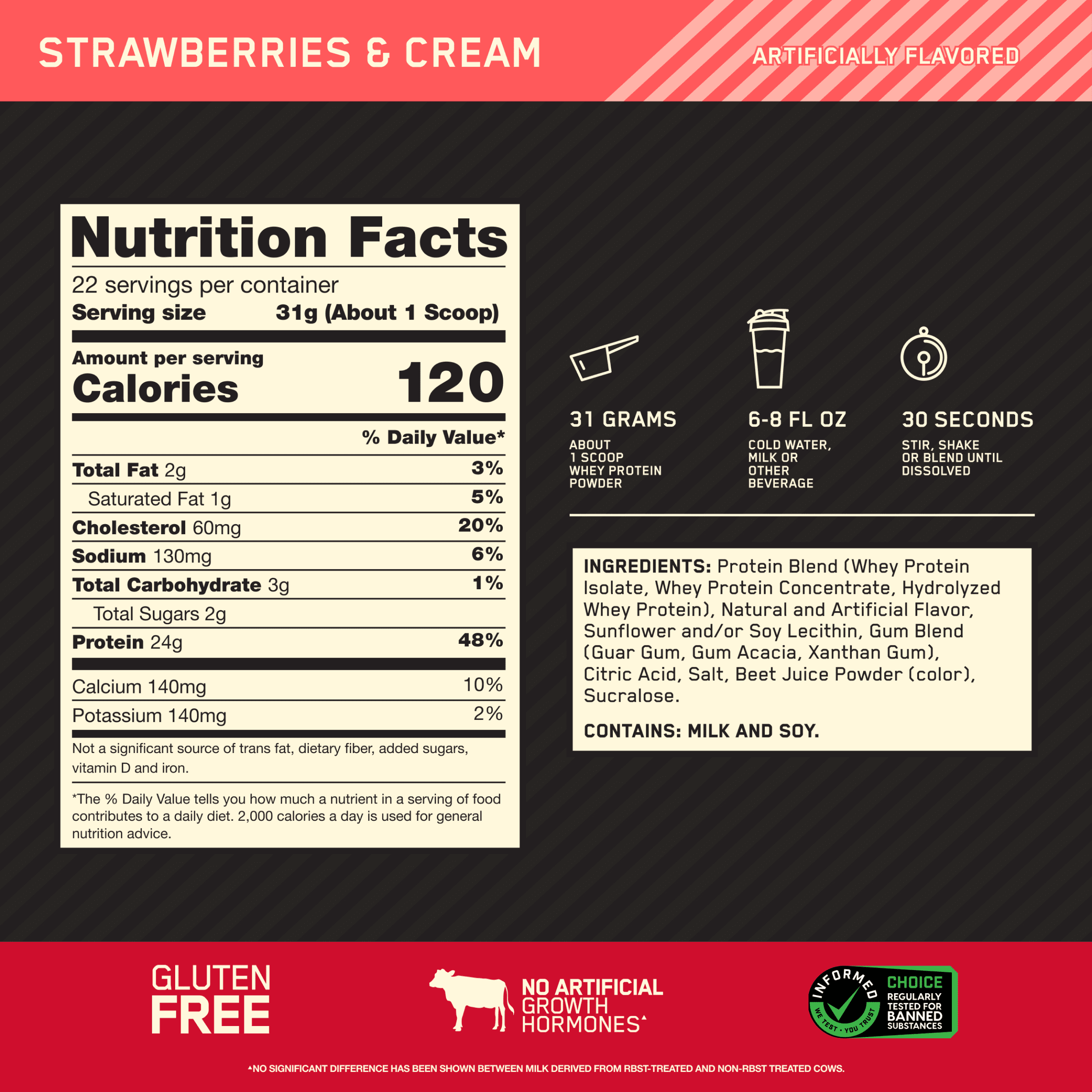 Optimum Nutrition, Gold Standard 100% Whey Protein Powder, Strawberries & Cream, 22 Servings