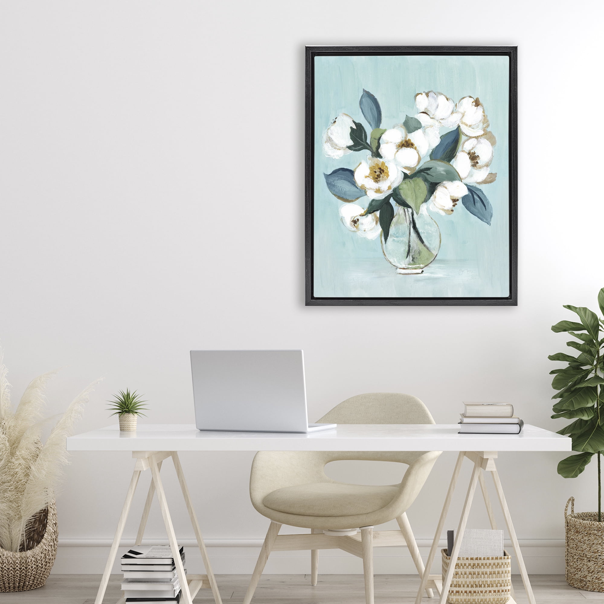 Stupell Industries Magnolia Arrangement over Blue Black Framed Floater Canvas Wall Art, design by Janet Tava