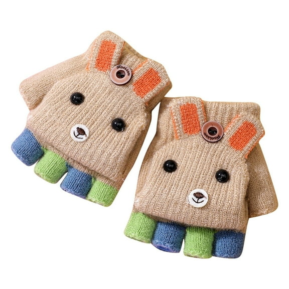 ZPYESWOW Winter Mittens for Kids Fingerless Gloves with Mitten Cover Cartoon Convertible Flip Top Gloves Toddler Kids Winter Wool Knit Fingerless Gloves with Mitten Cover