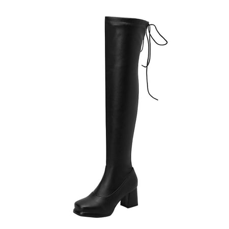 

LBECLEY Womens Boots 11 Wide Width Women Knee High Boots Autumn and Winter Fashionable Simple Solid Color Retro Square Toe Elastic Boots Comfortable Square Heel Boots Over The Knee Flat Black 42