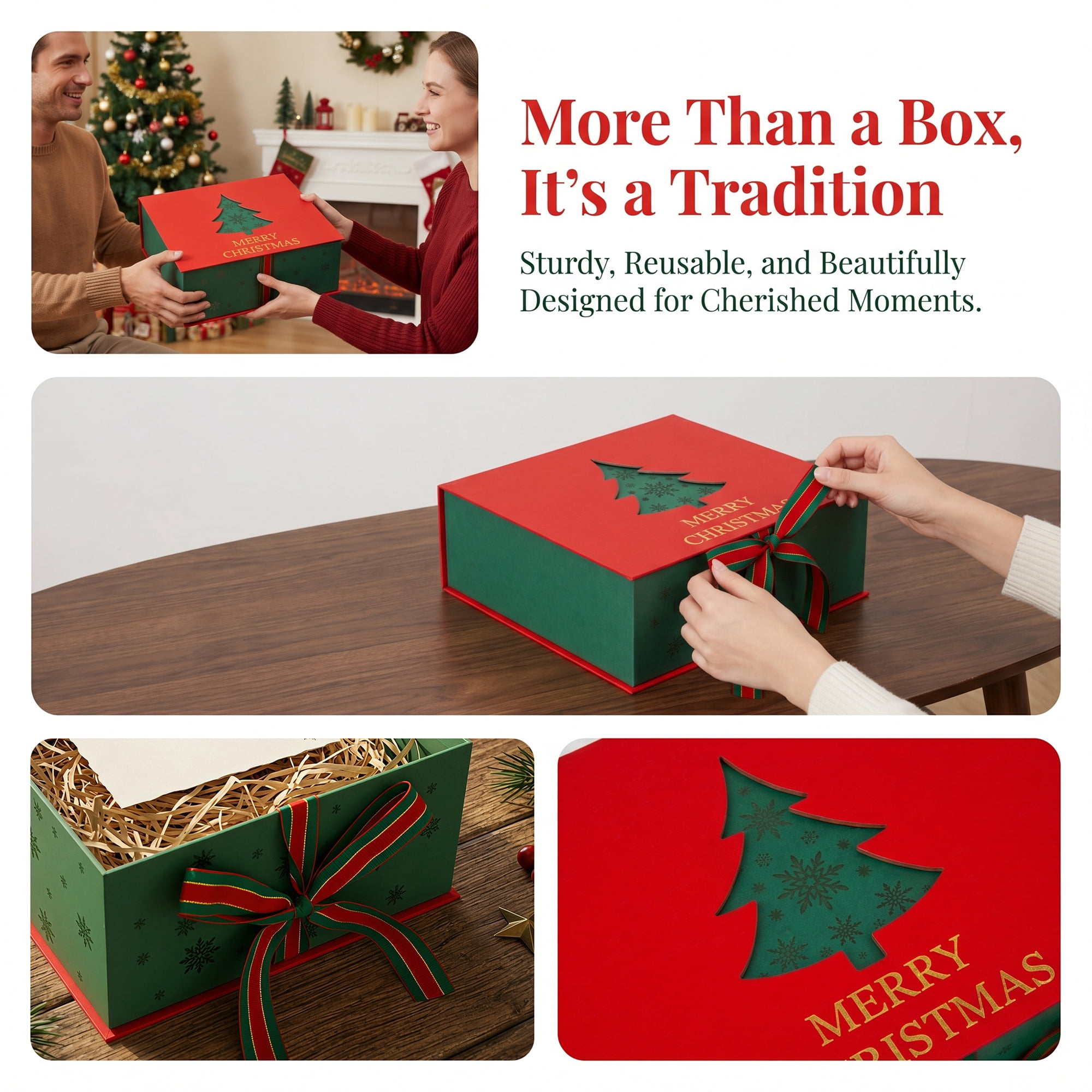 Unique Bargains Rigid Present Box with Christmas Tree Pattern Red 7.9" x 6.7" x 3.7"