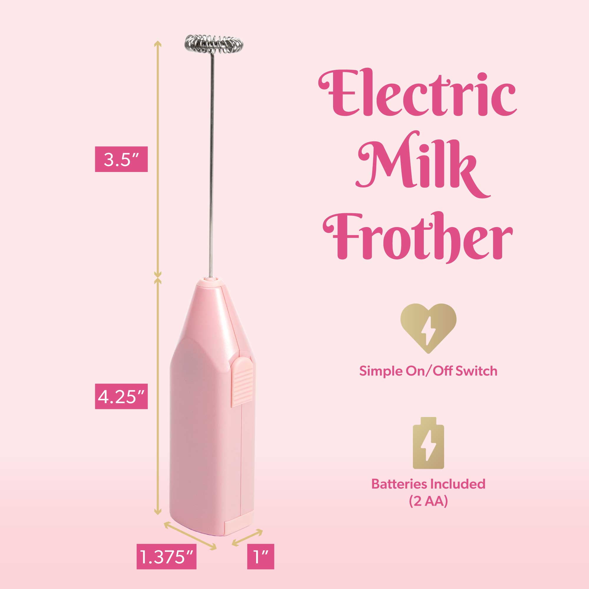 Paris Hilton Electric Frother, Handheld Drink Mixer, Battery Powered, 2AA  Batteries Included, Pink 