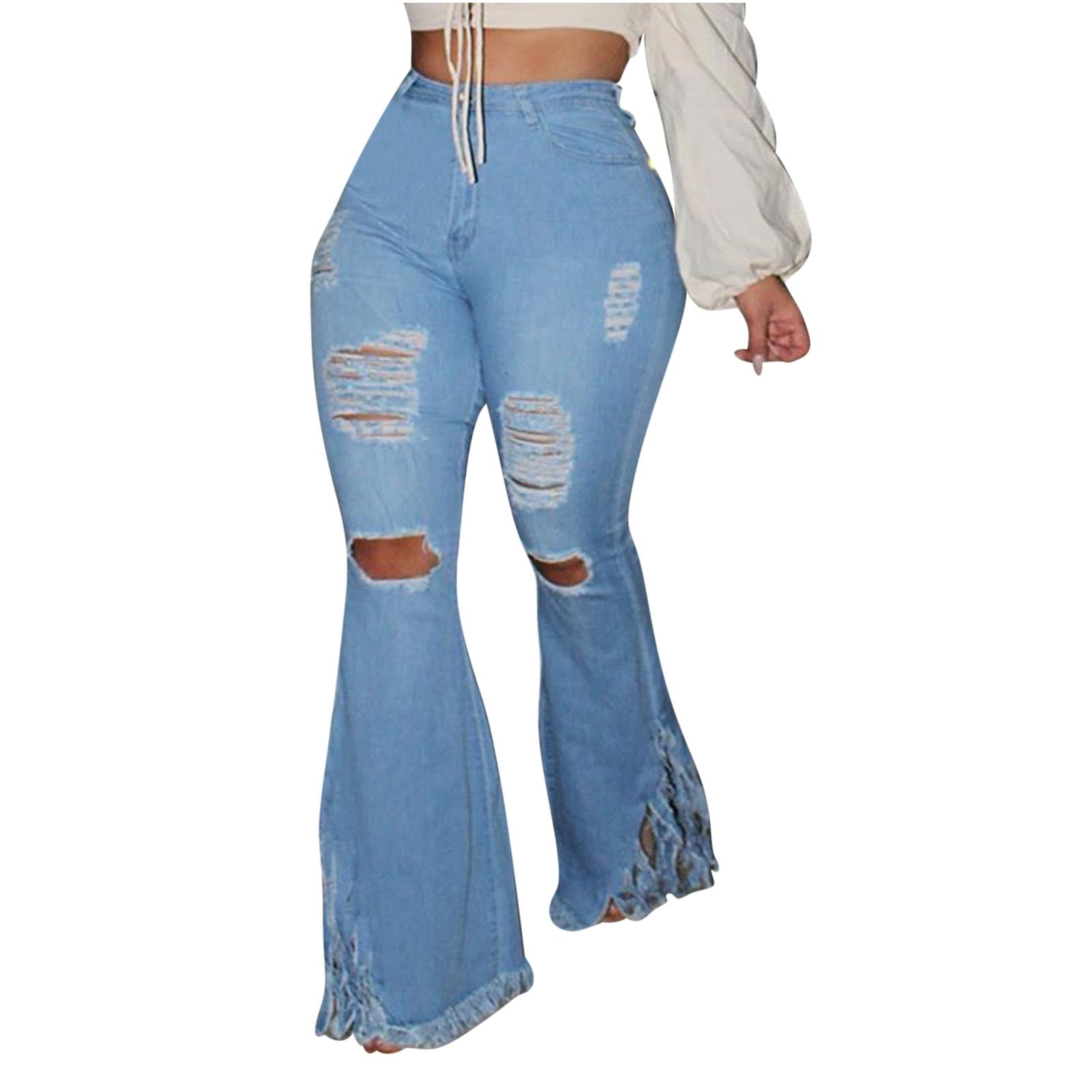 Women's Distressed Pull-On Stretchy Slim Wide Leg Denim