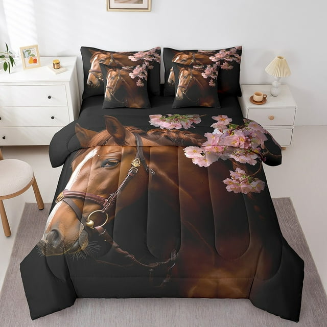 Ensemble de Literie Imprimé 3D Cheval 7 Pcs Lit Complet en Sac, Ensemble de Literie Fleurs de Pêcher Roses Animaux Western avec Couette, Ensemble de Lit Faune de Ferme