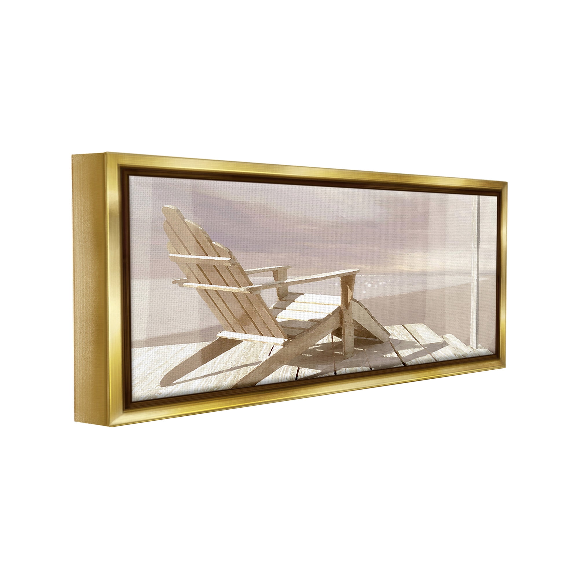 Stupell Industries Chair Overlooking Beach Landscape Photography Gold Floater Framed Canvas Art Print Wall Art, 31 x 14