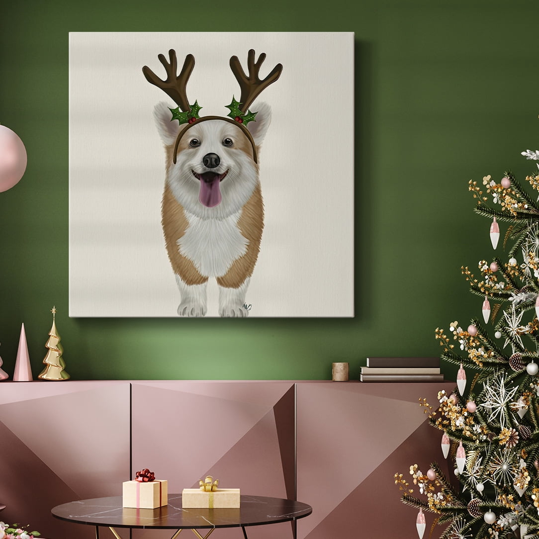 Corgi Christmas Antlers- Gallery Wrapped Canvas