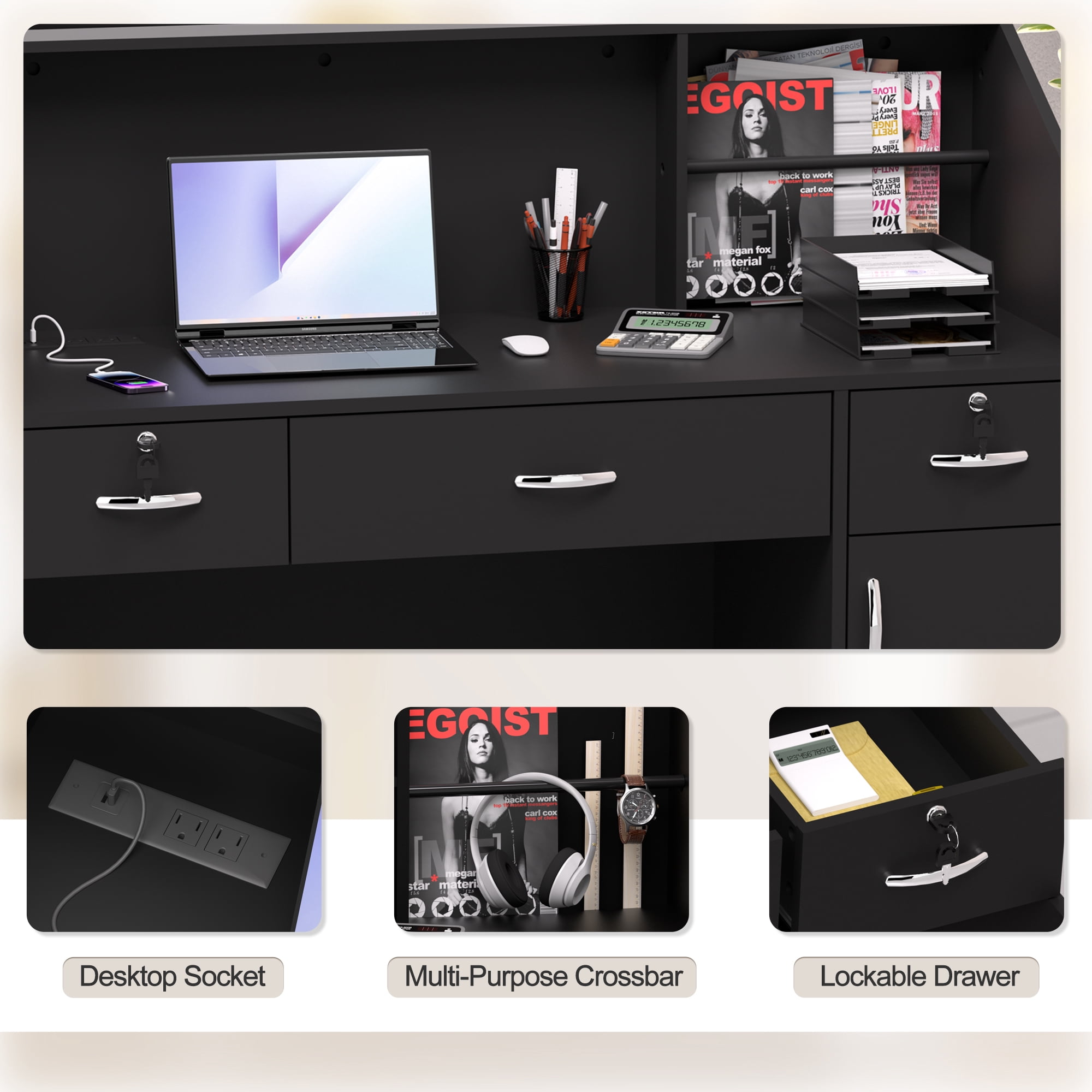 HARIPUL 50-inch Reception Desk with Counter, Front Desk Office Desk with Storage Shelves, Black