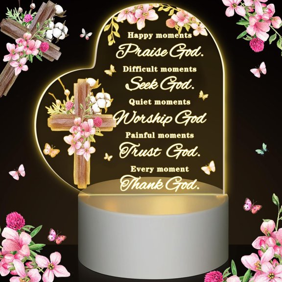 Acrylic Night Light Christian Gift for Women Inspirational Bible Verse Gift for Women Religious Decor for Wedding Birthday Christmas Church Baptism with Warm Color LED Lamp Base(Praise God)