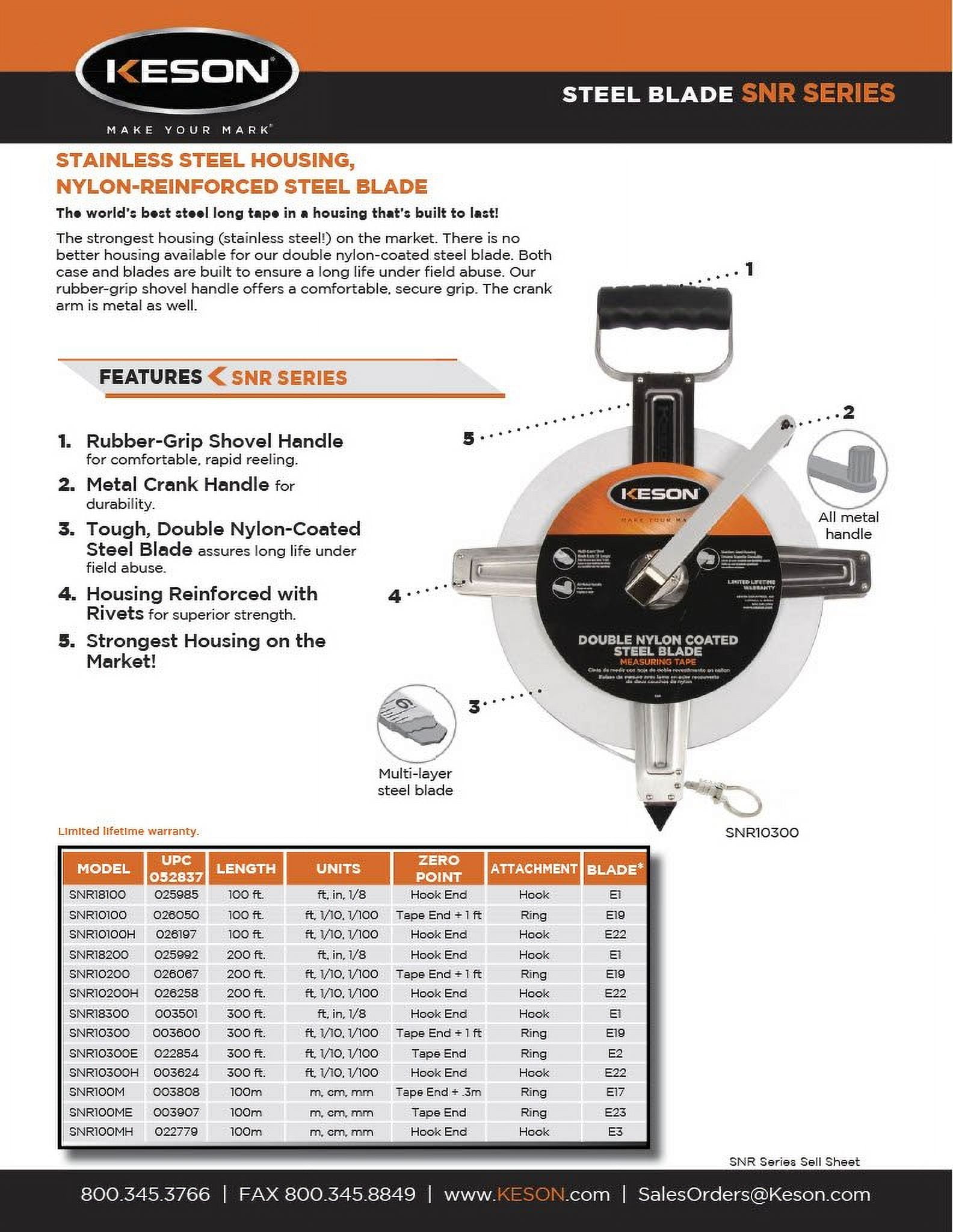 Keson SNR18100 Nylon-Reinforced Steel Blade Tape Measure, Stainless Steel Housing with Hook End (Graduations: ft., in., 1/8), 100-Foot CA2