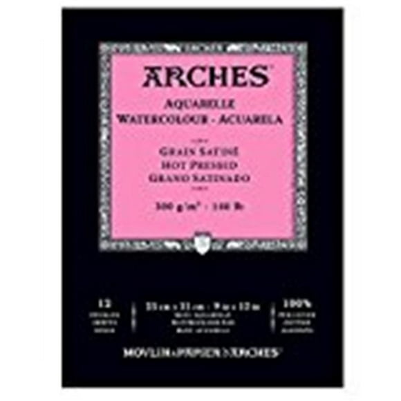 Arches 1795097 9 x 12 Po 140 lbs, 300g Chaud Presse Aquarelle Tampon - 12 Feuilles, Blanc Naturel