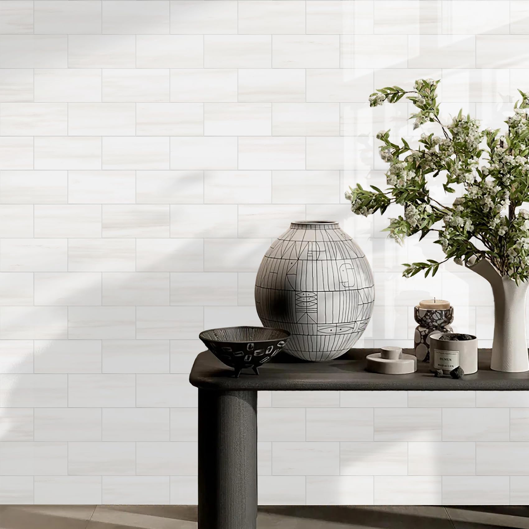 100-piece Glossy Dolomite White Peel And Stick Backsplash 3''x6'' Pvc Subway With Grout  On For Kitchen/bathroom/fireplace