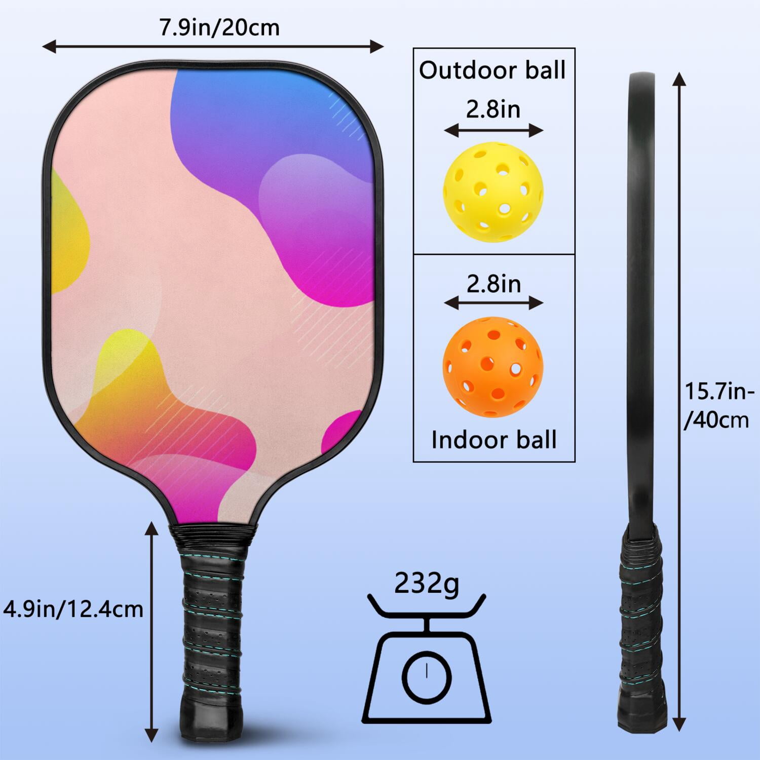 Pickleball Paddles Set Of 1, Fiberglass Surface, Neon Fluid Print, 1 Paddle, 2 Balls & Bag