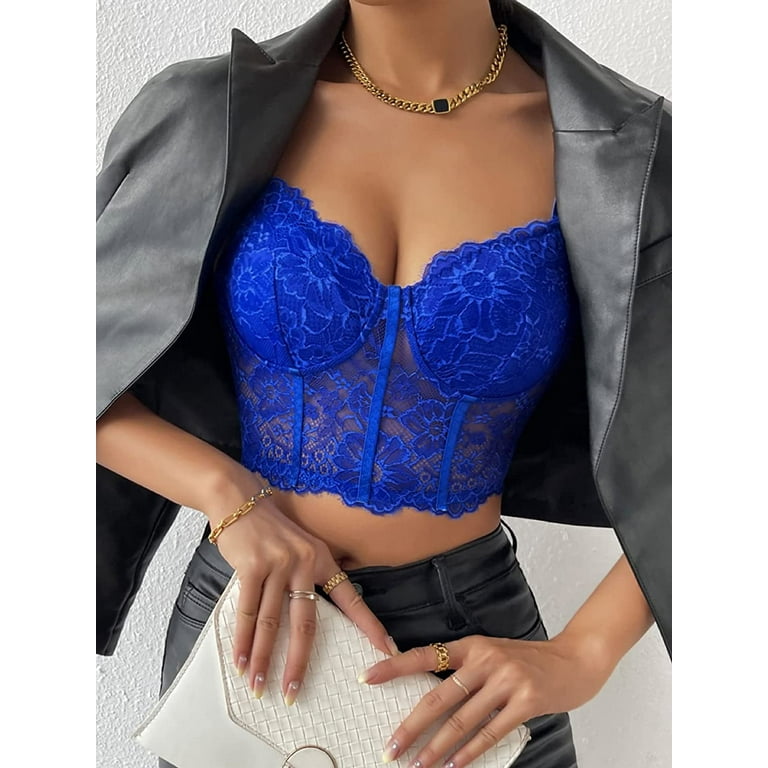 Women Sexy Bustier Crop Top Sleeveless Chain Straps Push Up Padded Camisole  Zip-up Bra Top for Party Club Rave Outfit (Royal Blue , L )