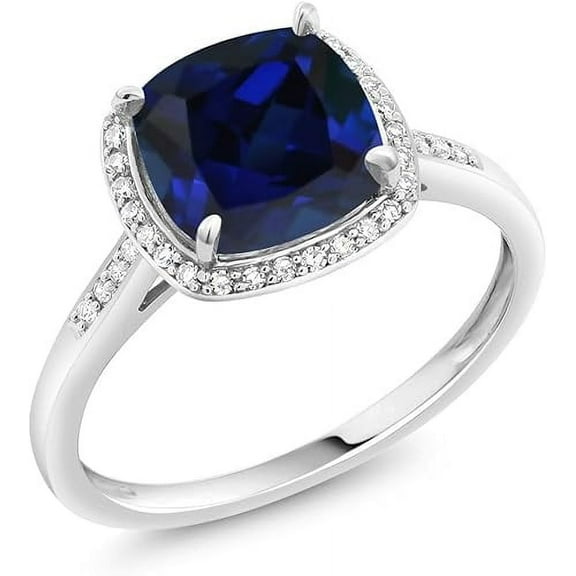 Gems Jewels 14K White Gold Plated 2 Ct Cushion Cut Sapphire Halo Christmas Wedding Engagement Thanksgiving Ring 925 Sterling Silver For Women's -4