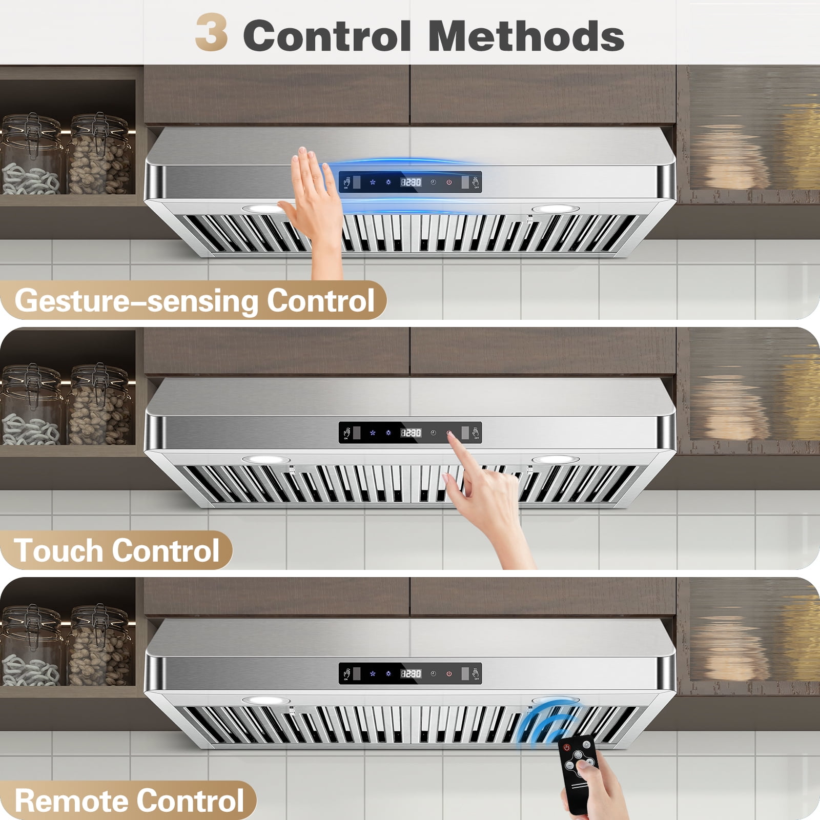 30" Under Cabinet Stainless Range Hood 700CFM 3-Speed,LED Light Touch/Gesture/Remote Control