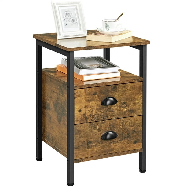 Yaheetech Rustic Wooden End Table Side With 2 Drawers And Open Shelf Brown Com Yaheetech Rustic Wooden End Table Side, Side Table Shelf Drawer