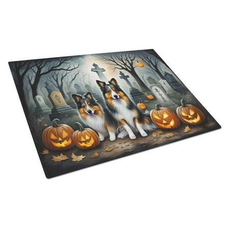 

15 x 12 in. Unisex Sheltie Spooky Halloween Glass Cutting Board - Large