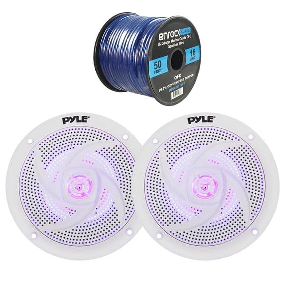 4x Pyle Marine 5.25" 2-Way Waterproof White LED Low Profile Slim Style Speakers, 16-Gauge 50 Foot Tinned Speaker Wire